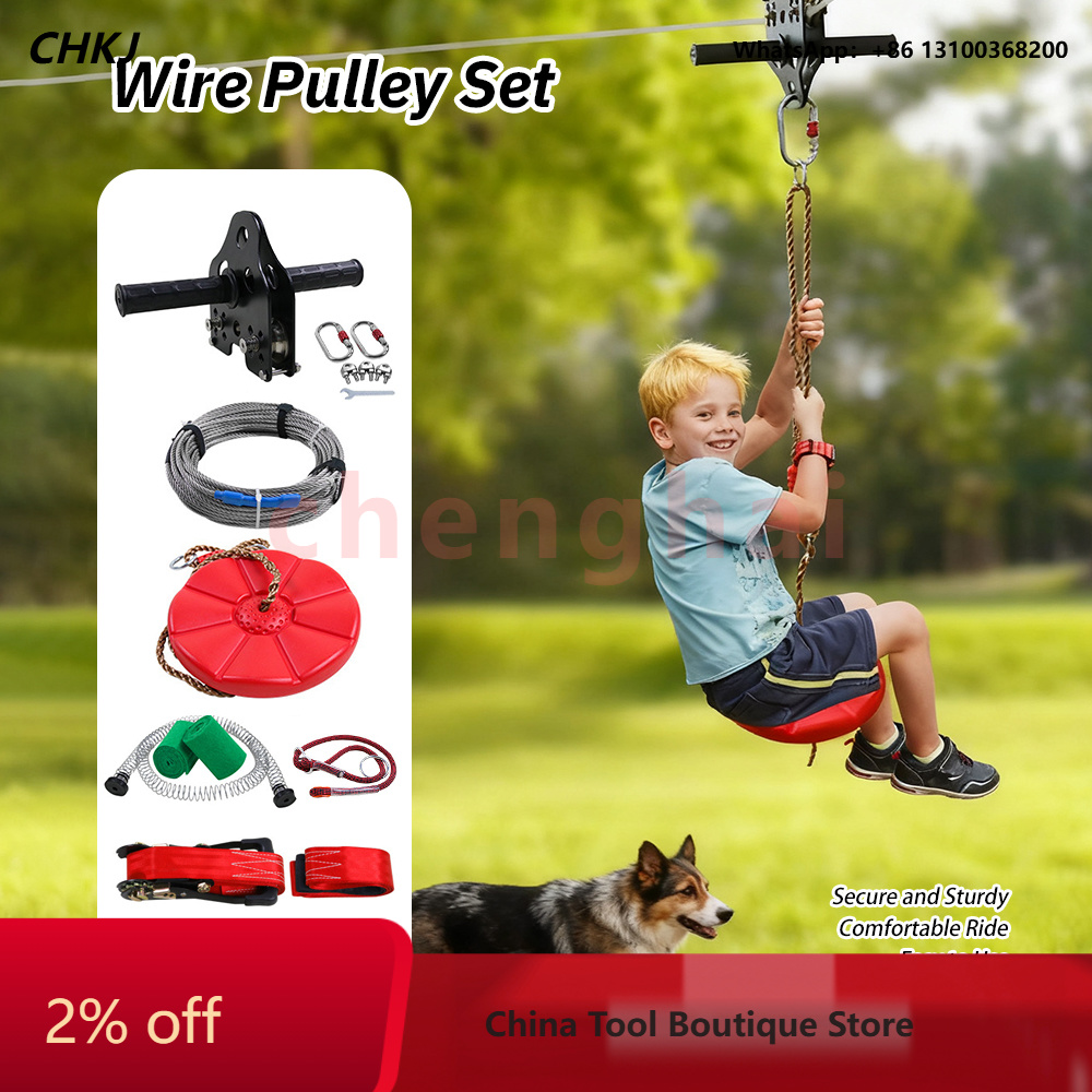 Kids Outdoor Zipline - Kinder-Set für Outdoor-Seilrutschen mit Stahlseil, Seilrolle